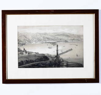 Stampa raffigurante il Porto di Genova con Lanterna. XIX secolo: .