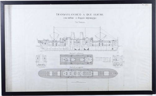 Progetto a china dei Cantieri Ansaldo per Transatlantico a due eliche: W. 119 - H. 67 Cm