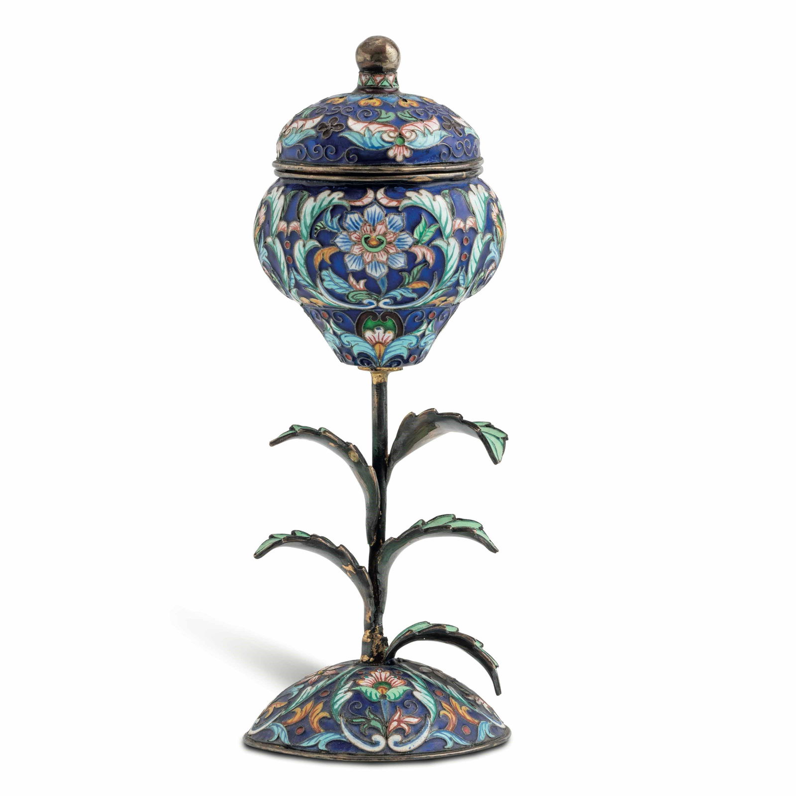 Spargi profumo con fusto a foggia vegetale. Argento e smalti colorati. Manifattura russa del XX (1 of 3)