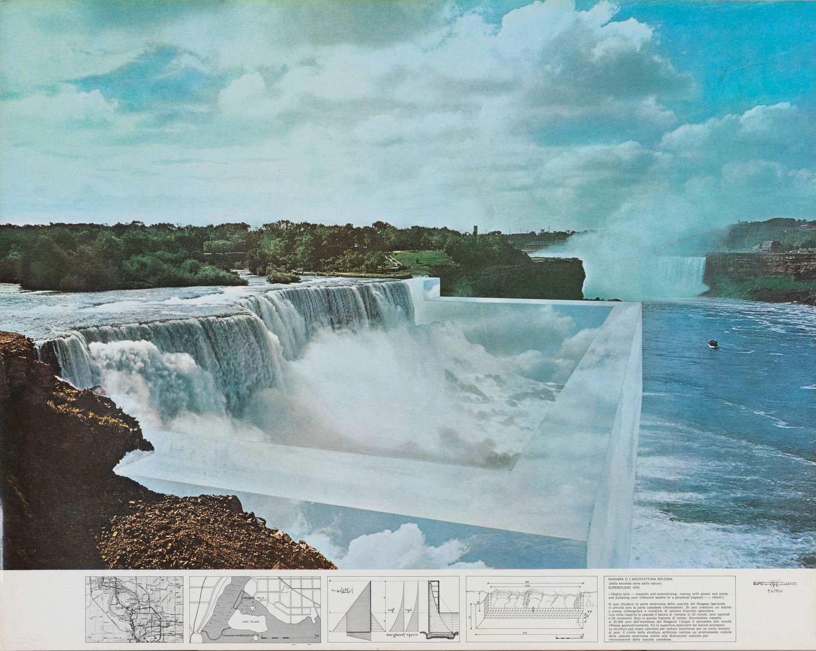 Superstudio Group (Firenze 1966): - Niagara o lâ€™architettura riflessa, 1970, Stampa offset su carta patinata, es. 94/500, 68,5 x 86,5 cm, Edizioni Plura, Milano, timbrata e numerata in basso a destra, - Istogrammi d'architettur