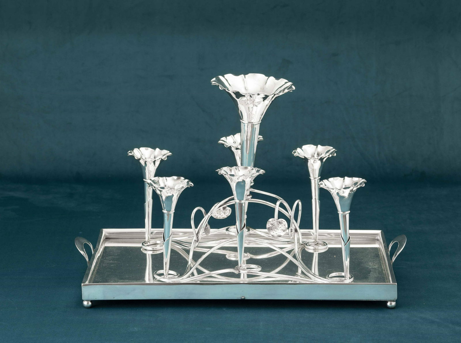 A silvered metal centrepiece and tray, 20th century (1 of 2)