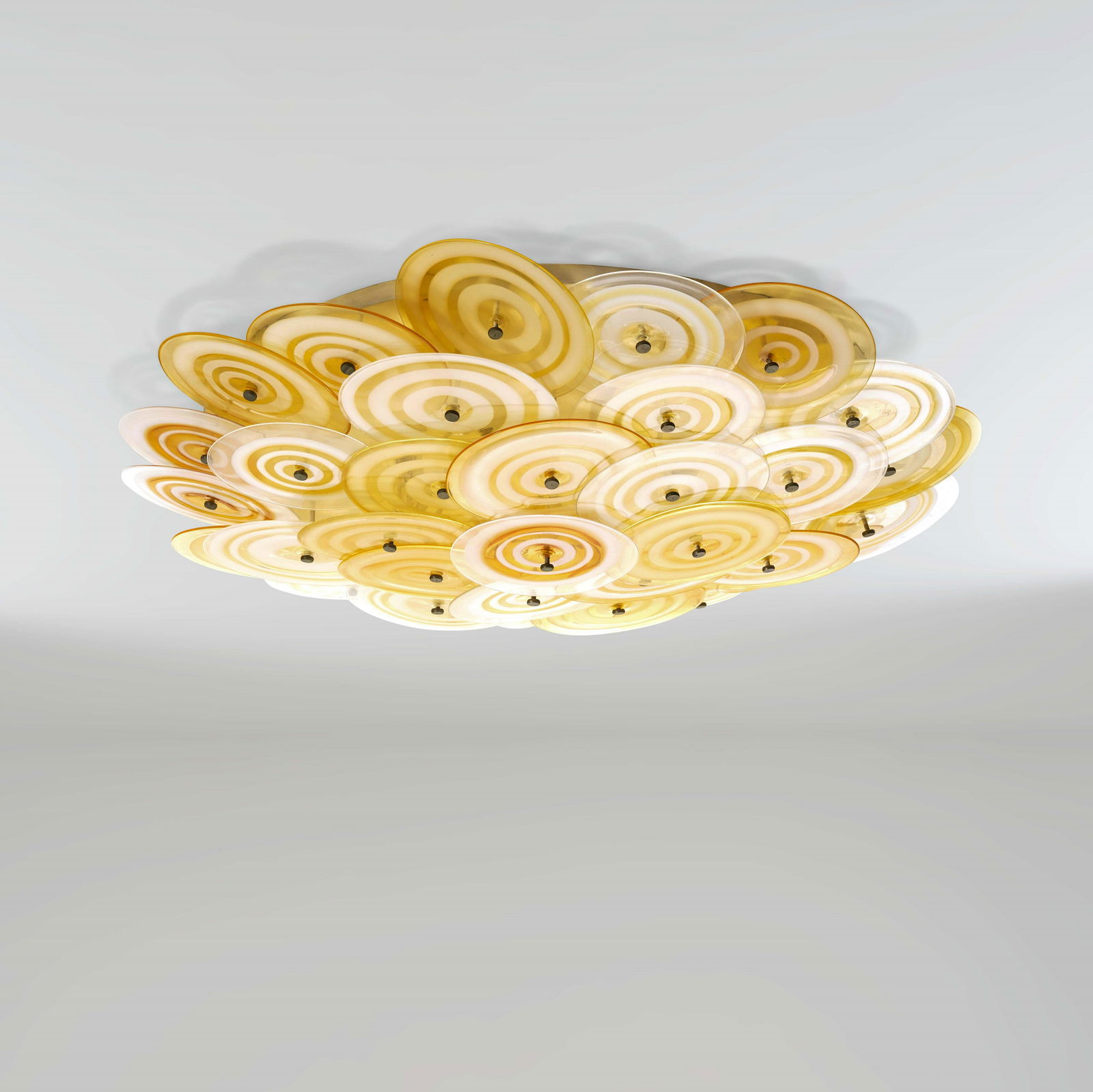 Gianmaria Potenza, Lampada a plafone o a parete.: Struttura in metallo ed elementi diffusori in vetro di Murano., Prod. La Murrina, Italia, 1970 ca., Cm 80X20, Bibliografia, M. Barovier, Il vetro di Murano alle Biennali (1895-1972), Leonardo Arte, 19