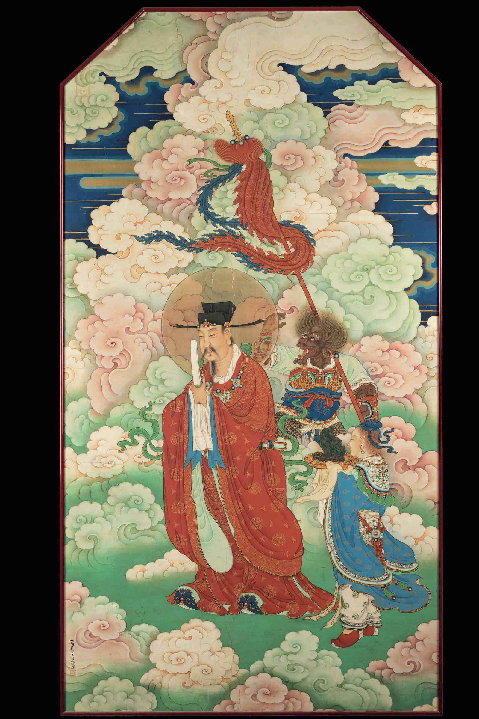 Dipinto su carta raffigurante dignitario con fanciullo offerente e iscrizione, Cina, Dinastia Qing, (1 of 2)