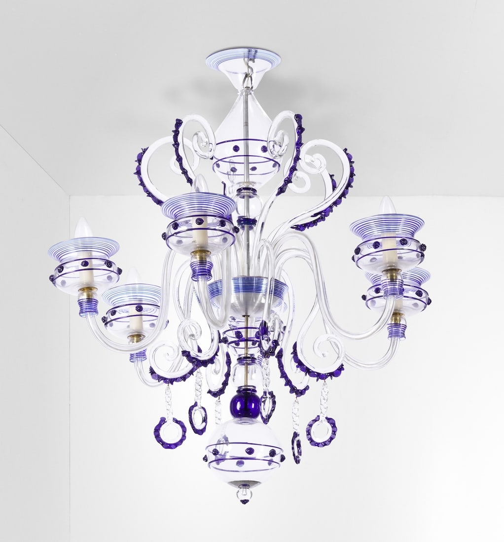 Vetreria Gino Cenedese , attribuito aLampada a sospensione: struttura in metallo e in vetro di Murano. Prod. Italia, 1940 ca.