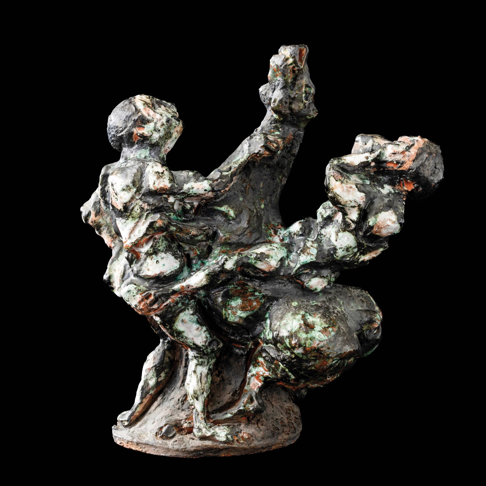 Agenore Fabbri 1911-19981952 ca: Scultura in terracotta maiolicata raffigurante cavallo rampante e personaggi. Firma e data impresse sulla base.