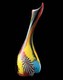 Dino Martens (1894-1970) Vetreria Aureliano Toso, Murano 1950 ca: Vaso a goccia serie Oriente con alto collo asimmetrico e decoro di grandi macchie policrome e murrina stellata.