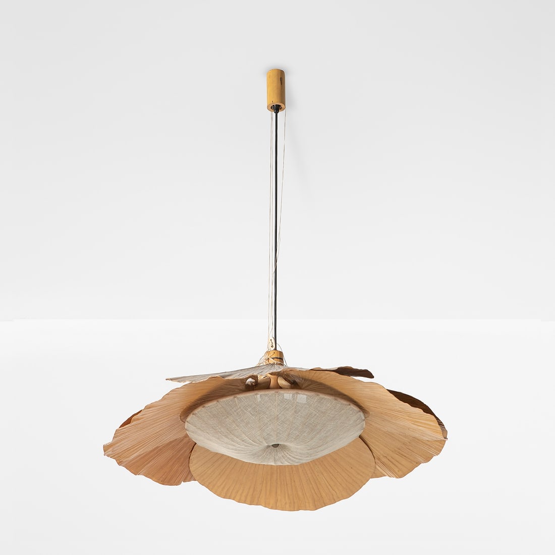 Ingo Maurer Uchiwa series pendant lamp.: Frame made of rice paper, bamboo and rattan. Metal, wood and rope details. Height adjustable.Design M, Germany, 1973 B. Dessecker, F. Koschembar, K. Wengmann, Ingo Maurer: Designing With Light, p. 72,