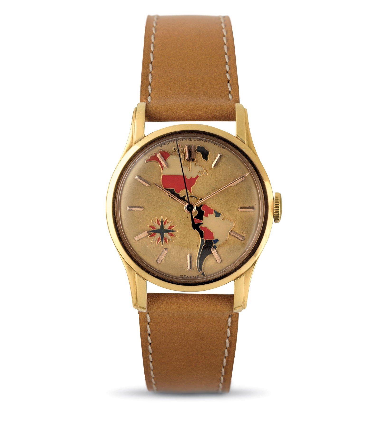 Vacheron & Constantin Rare hand-wound wristwatch with central seconds and dial decorated with: Brand: Vacheron & ConstantinModel: CloisonnèeYear: circa 1950Reference N°: 6033Dial: Golden with enamelsCase N°: 288551Movement: Hand winding Cal: 1001Material: 18k Rose gold Strap: LeatherDiameter