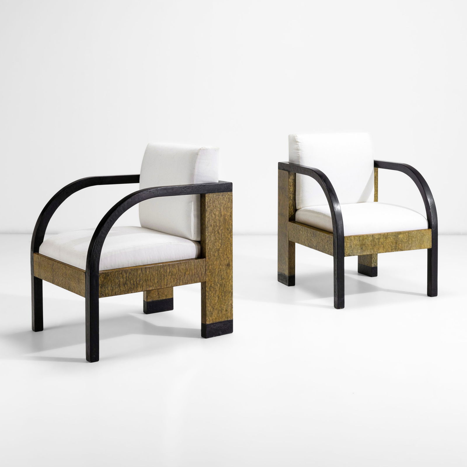 Giuseppe Pagano Pogatschnig e Gino Levi Montalcini Giuseppe Pagano Pogatschnig e Gino Levi: Pair of armchairs with ebonised wood and buxus structure. Upholstered in fabric.Provenance from Palazzo Gualino – Turin Cartiere Giacomo Bosso, Italy, 1928cm 68x60x80LiteratureDomus n. 30, June 1930