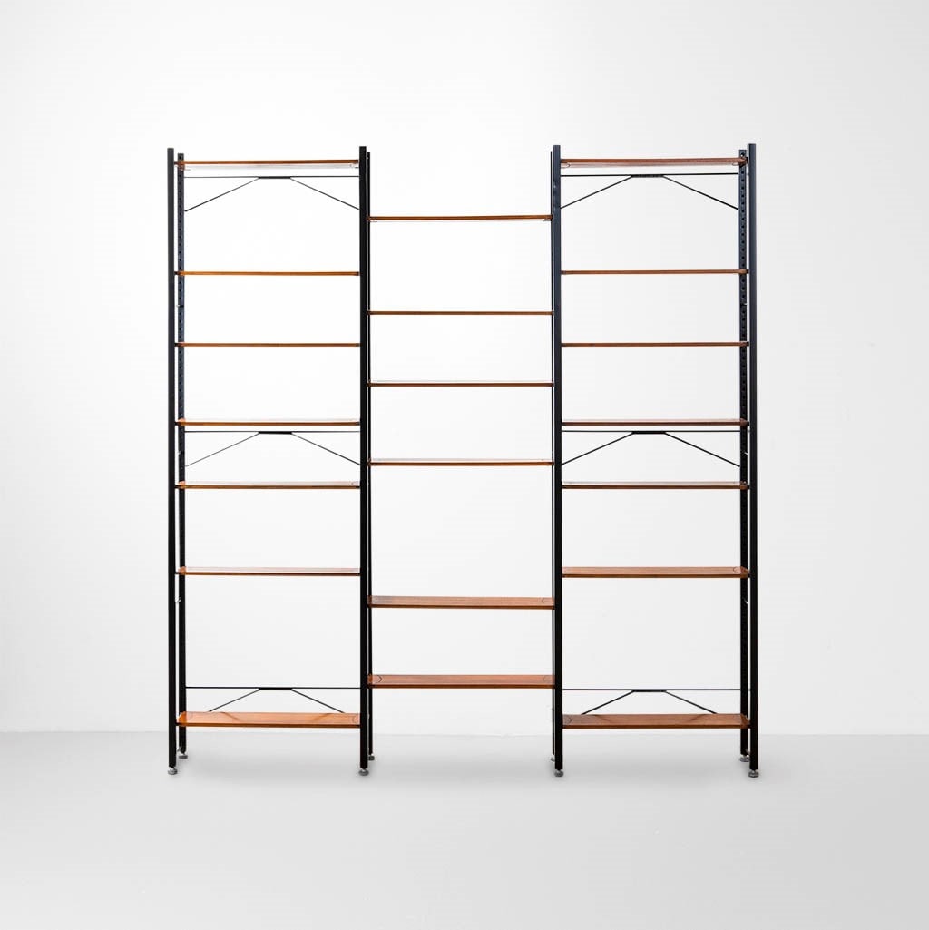 Franco Campo e Carlo Graffi Libreria a tre campate: Struttura in metallo laccato e legno.Prod. Home, Italia, 1950 ca.