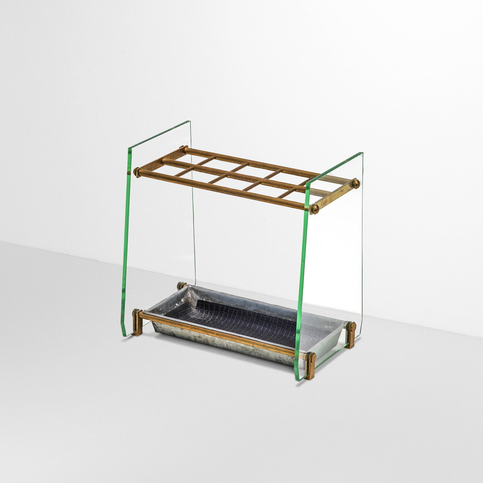 Fontana Arte , attribuito a Umbrella stand: Structure in molted crystal, brass and metal.Italy, c. 1960