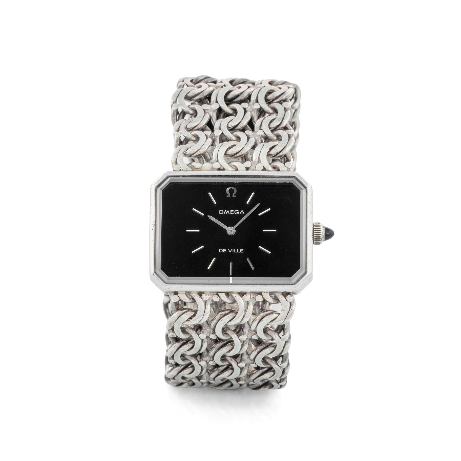 Omega Emerald Jeux d'Argent in 925 silver, ‘Grima’ design, manual winding, circa 1970: Brand: OmegaModel: De VilleYear: circa 1970Reference: 8272Dial: Shiny blackMovement: ManualMovement N°: 35253630Cal: 625Material: 925 silverBracelet: 925 silverSize: 24x32 mm