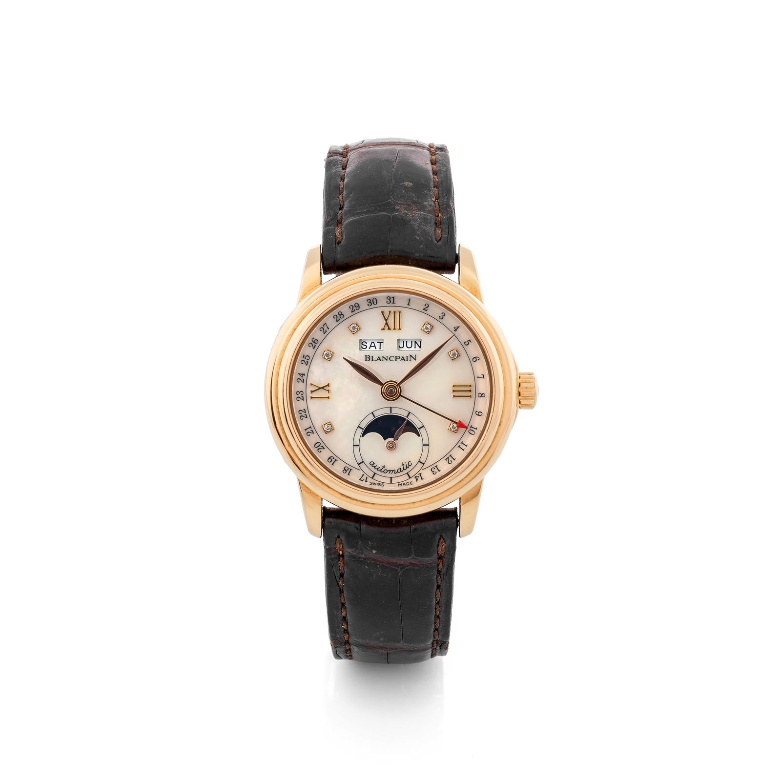 Blancpain Complete calendar and moon phases ref 2360 in 18k pink gold, mother-of-pearl dial with: Brand: BlancpainModel: Moonphase CalendarYear: circa 2003Reference: 2360-3691Dial: Mother of Pearl with brilliants Case No.: 63Movement: Automatic Cal: 6763Material: 18k rose goldStrap: LeatherSize: 3