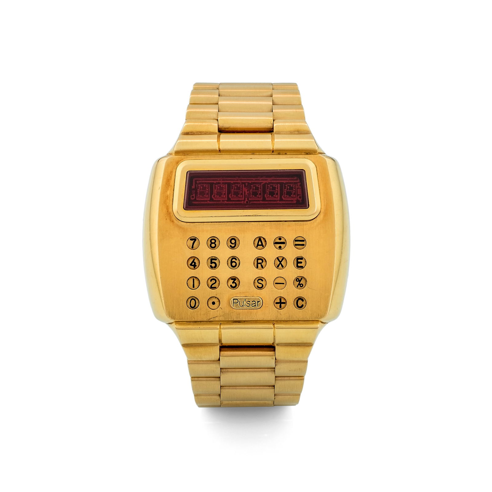 Pulsar Time Computer Calculator in 18k yellow gold, with original box and guarantee, circa 1970: Brand: Pulsar Model: Time Computer Calculator 18kYear: circa 1970Dial: LedCase No.: 317Movement: QuartzMaterial: 18k yellow goldBracelet: 18k yellow goldSize: 40 mmAccessories: Box and guaranteeWeight