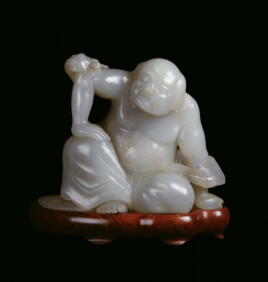 Jade sculpture representing Lohan with frog, China: Jade sculpture representing Lohan with frog China, Qing Dynasty, 19th century cm 8x10