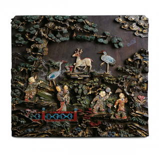 Zitan wood panel sculpted and carved representing: Zitan wood panel sculpted and carved representing an everyday life scene China, Qing Dynasty, 19th century cm 23x25