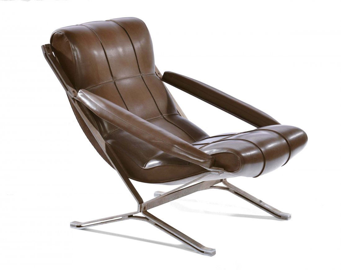 FORMANOVA Poltrona Sayonara: struttura in acciaio armonico brunito, sedute imbottite, rivestimento in pelle.Produzione Formanova, Italia 1970 ca.