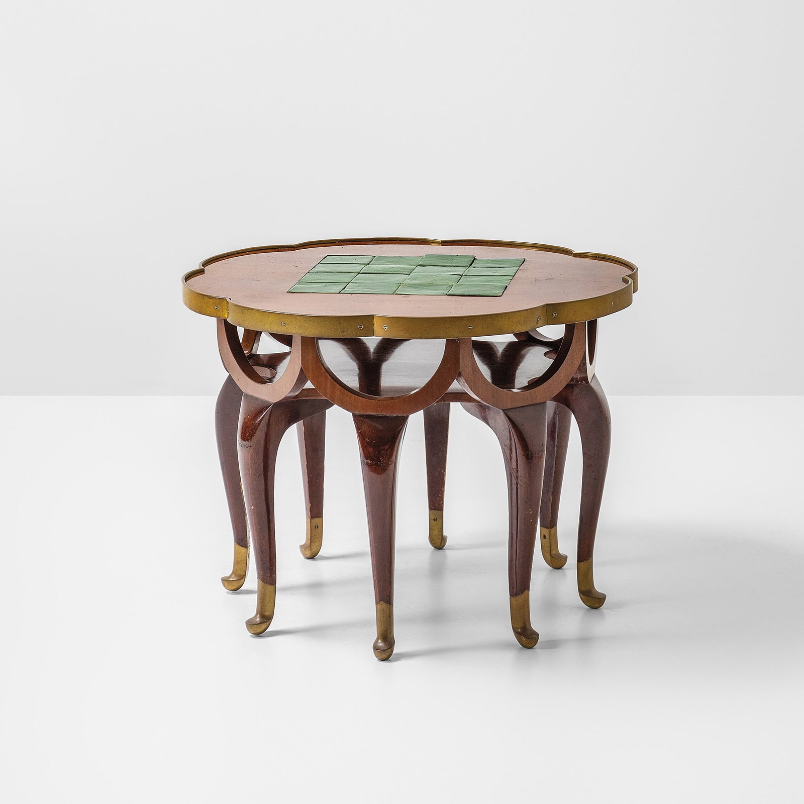 Adolf Loos Elephant Trunk table.: Wooden structure, brass-plated legs. Wooden top with glazed ceramic elements and brass profiles. Designed by Adolf Loos and Josef Berka.Selected by Adolf Loos for the studio furniture in Hugo Haberfel