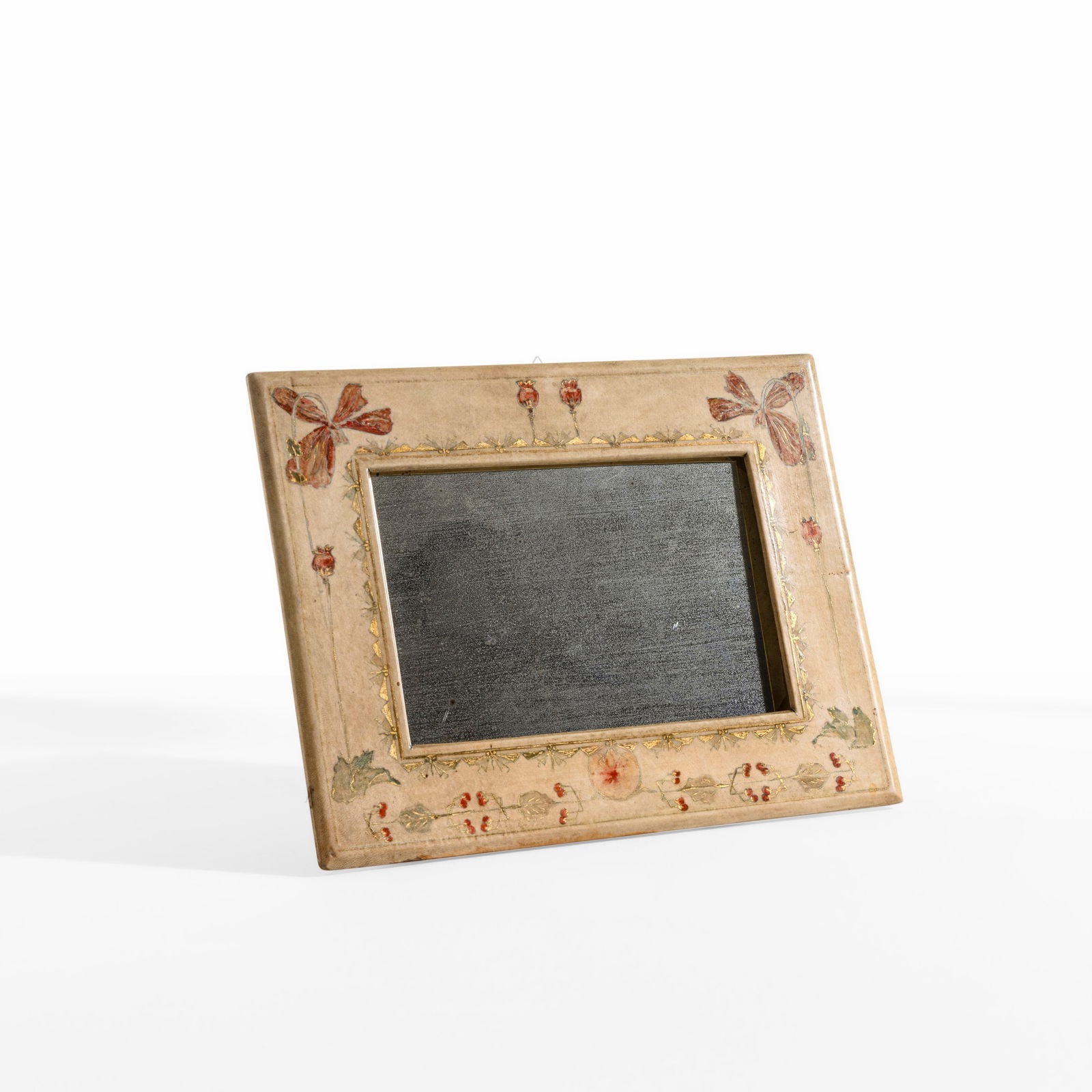 Carlo Bugatti Portafoto: Cornice in legno rivestita in pergamena decorata e dorata. Prod. Italia, 1900 ca.