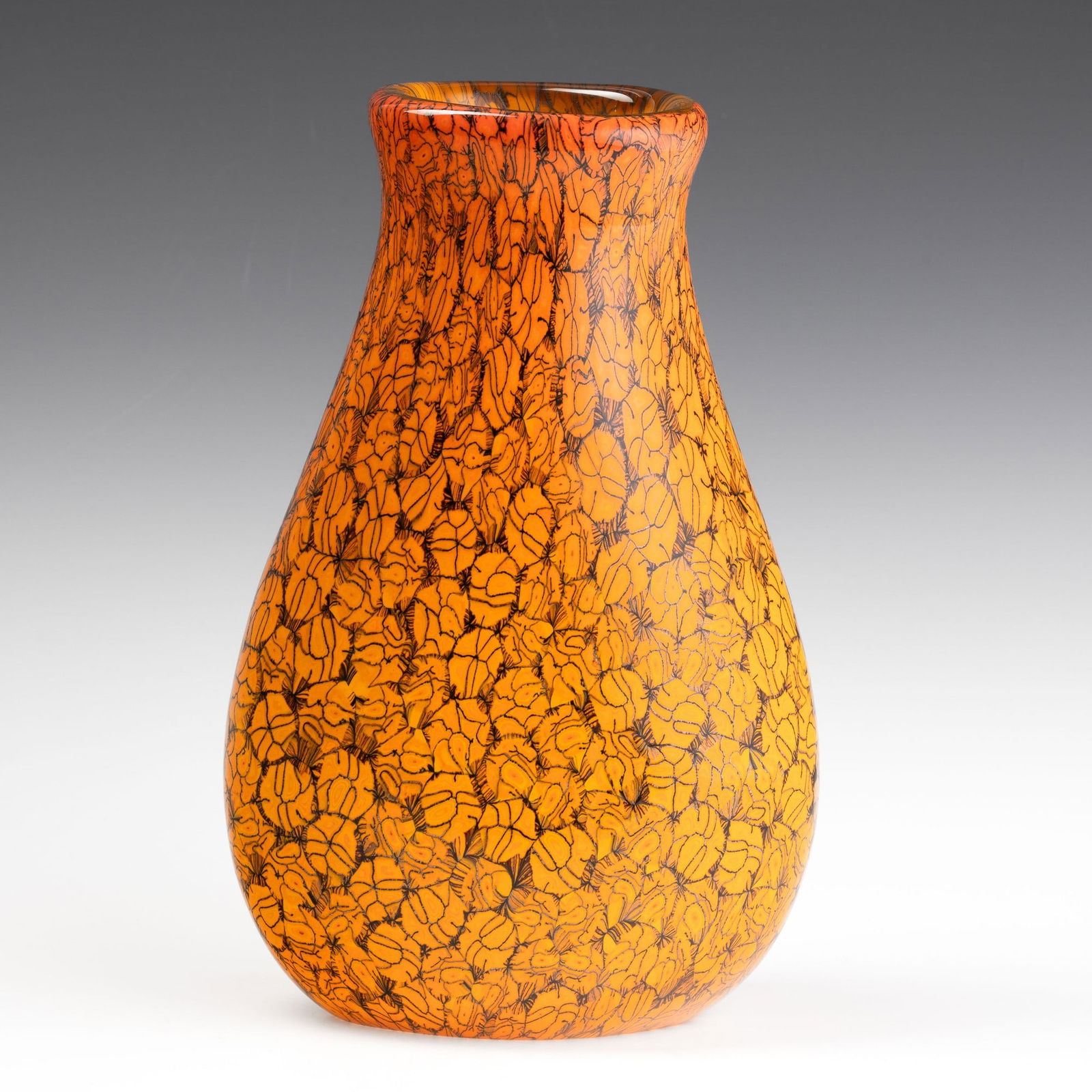 Vittorio Ferro 1932-2012 Vetreria de Majo, Murano, 1990.: Oval section Mosaico series vase in sommerso glass decorated with variegated orange murrines.One-off piece by the maestro Vittorio Ferro.Engraved date and signature. Altezza cm 29,5