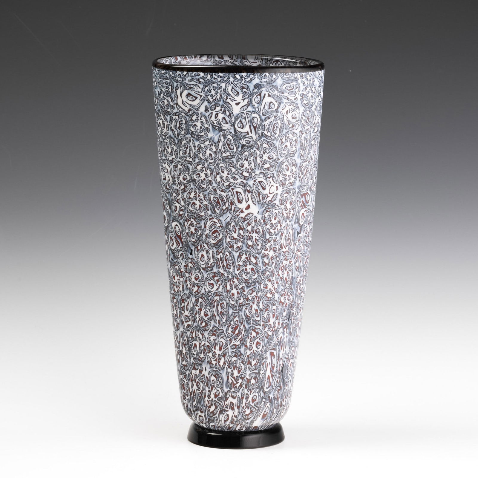 Vittorio Ferro 1932-2012 Vetreria de Majo, Murano, 1990.: Oval section Mosaic series truncated cone vase in sommerso glass decorated with variegated 'lattimo' (milky) murrines.Applied round foot.One-off piece by the maestro Vittorio Ferro.Engraved date and s