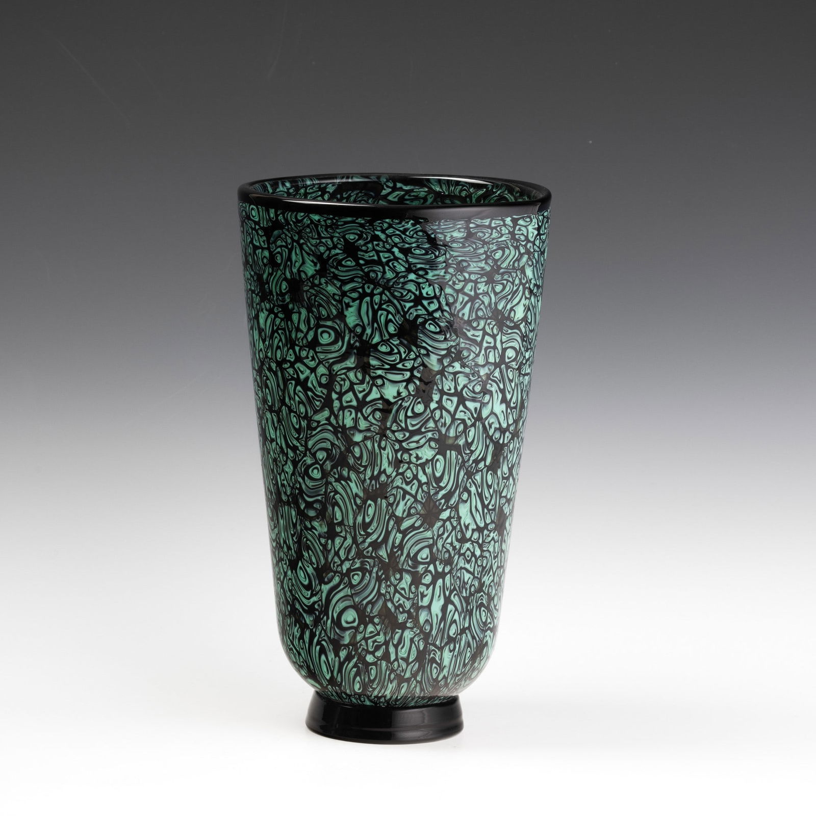 Vittorio Ferro 1932-2012 Vetreria de Majo, Murano, 1990.: Mosaico series truncated cone vase in sommerso glass decorated with green murrines. Applied round foot.One-off piece by maestro Vittorio Ferro.Engraved date and signature. Altezza cm 30