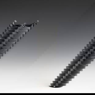 Laura Diaz De Santillana 1955-2019 Eos, Murano, 1987.: Diavoli series truncated cone blown glass vase decorated with black and 'lattimo' (milky) canes.Etched signature, EOS 87 LSW Made in Murano, and old label. Altezza cm 31,5