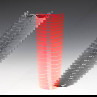 Laura Diaz De Santillana 1955-2019 Eos, Murano, 1990 ca.: Cardinali series truncated cone vase in blown glass decorated with red and crystal canes. Altezza cm 34,5