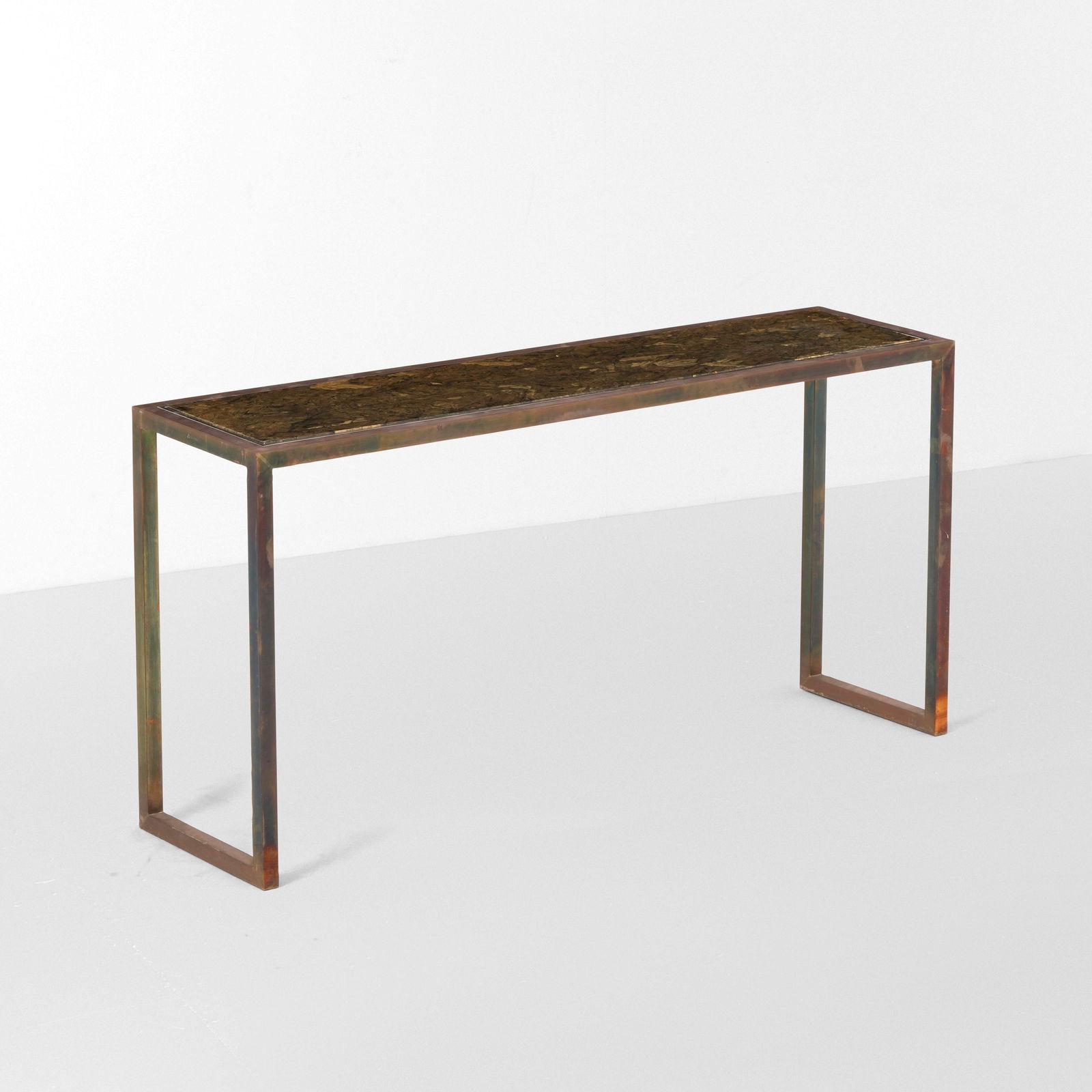 Jean Charles Consolle: Struttura e sostegni in metallo, piano in resina. Firma originale incisa. Prod. Maison Charles, Francia, 1970 ca.
