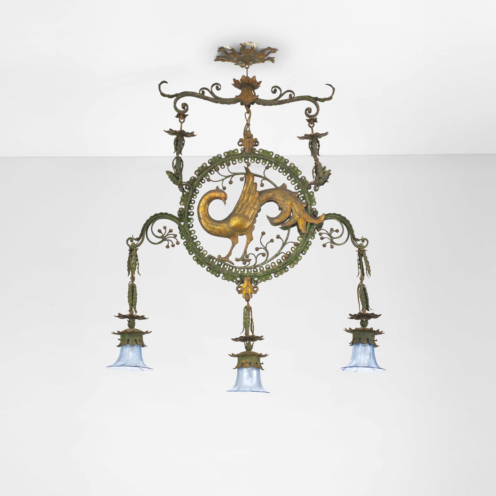 Carlo Rizzarda Suspension lamp: Wrought iron structure, engraved, twisted, worked with cuts and stamps. Murano glass diffusers. From a private collection - Milan. Italy, c. 1924-1926. T. Casagrande (curated by), Carlo Rizzarda “po
