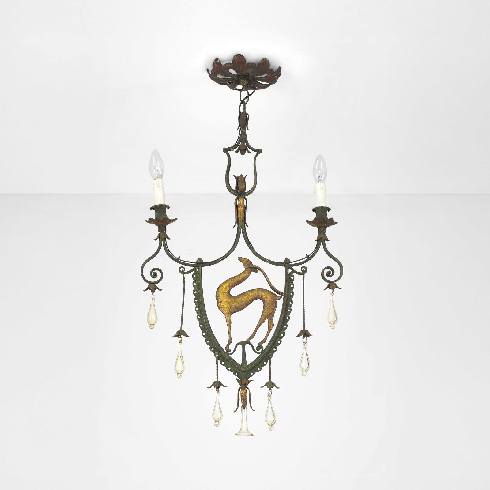 Carlo Rizzarda Suspension lamp.: Wrought iron structure, engraved, twisted. Cut-out sheet metal, engraved. Decorative elements in Murano glass. From a private collection - Milan. Italy, c. 1924-1926. T. Casagrande (curated by), Carlo