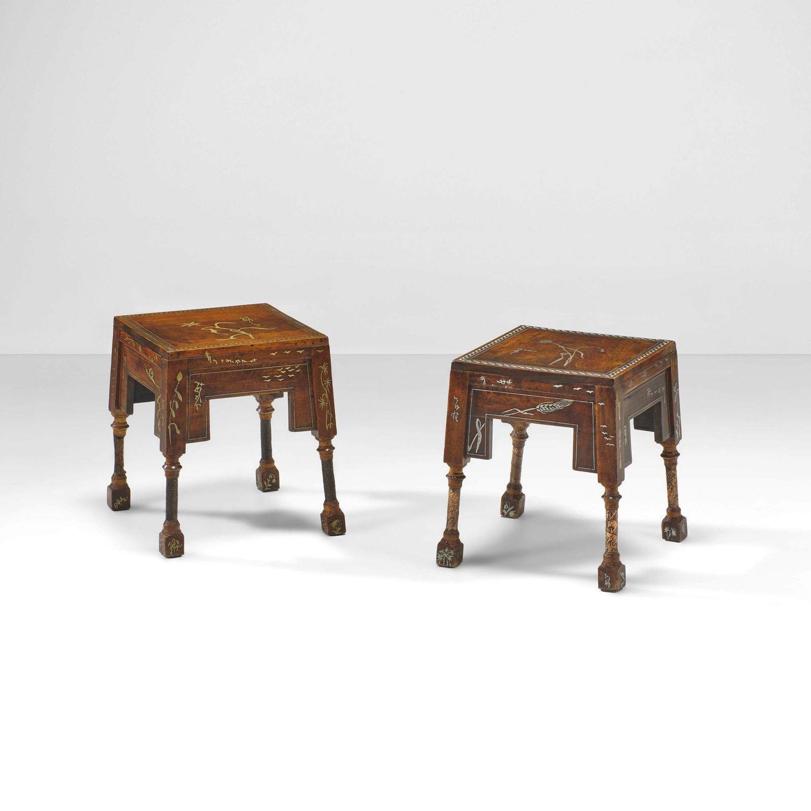 Carlo Bugatti Two stools: Wooden structure. Inlays of metal and brass. Embossed copper applications. Bugatti, Italy, c. 1900. (similar model) H.G. Conway, et al., Die Bugattis: Automobile, Möbel, Bronzen, Plakate, Hamburg, 19