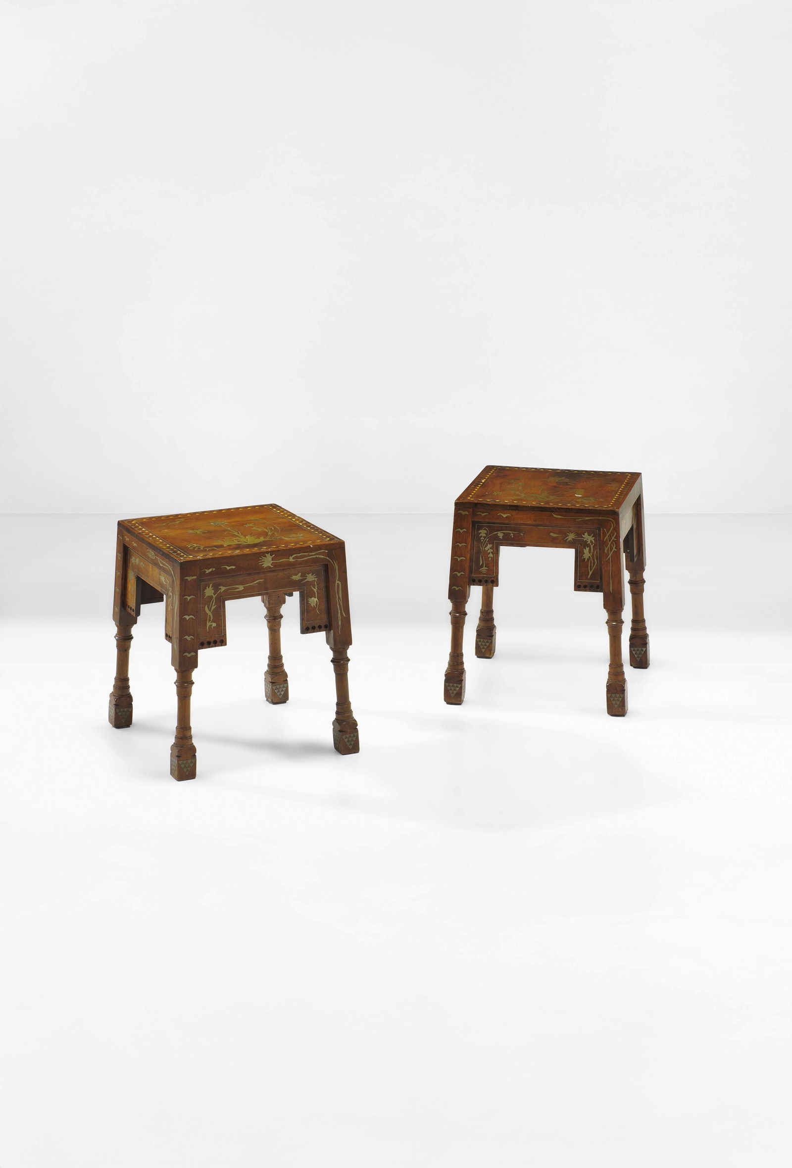 Carlo Bugatti Two stools.: Wooden structure. Inlays of metal and brass. Bugatti, Italy, c. 1900. (similar model) H.G. Conway, et al., Die Bugattis: Automobile, Möbel, Bronzen, Plakate, Hamburg, 1983, p. 92, no. C 48 (similar m