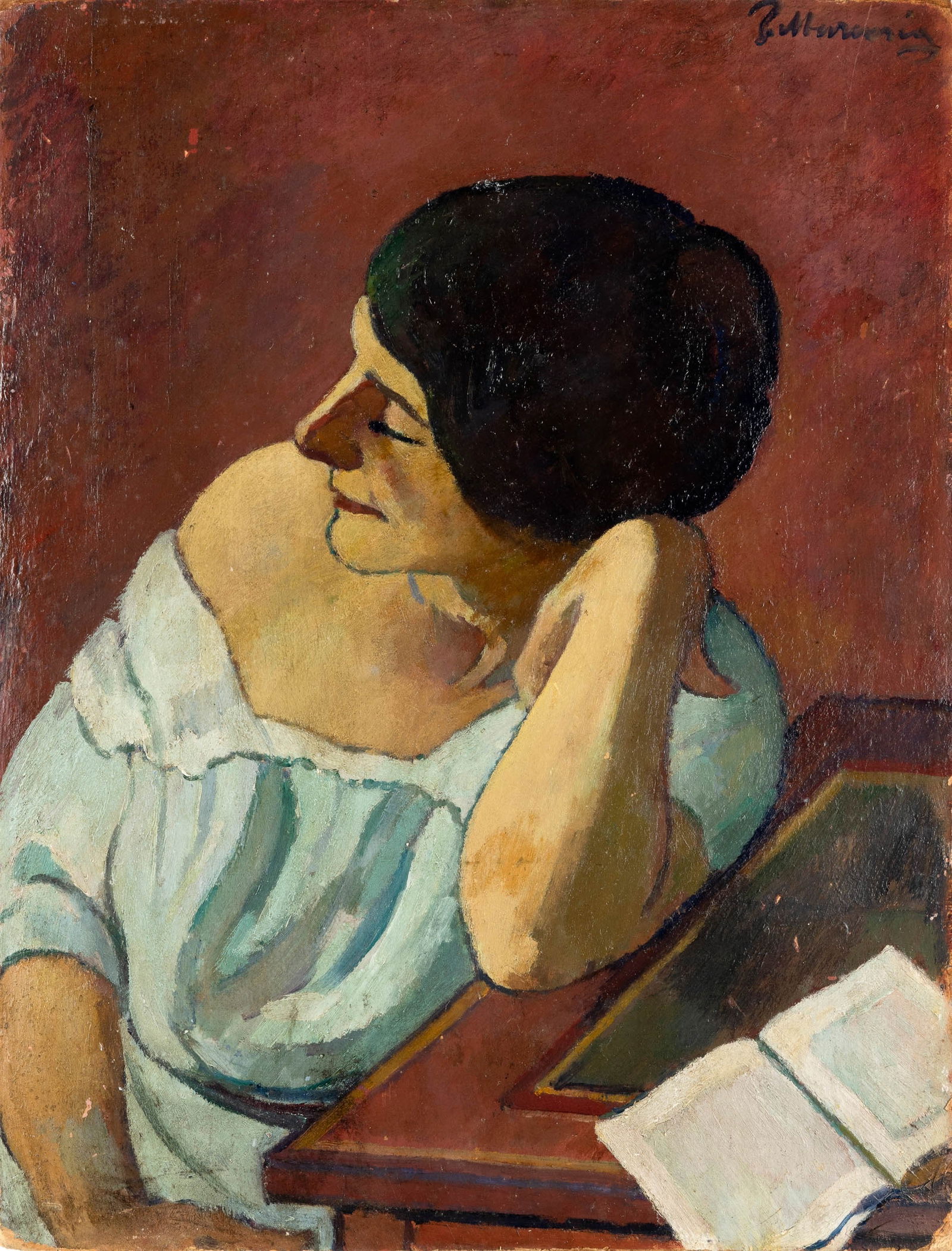 Piero Marussig 1879 Trieste-1937 Pavia Figura con libro: oil on cardboard. 1920. signed top right stamp on the back by Rinaldo Rotta Gallery, Genoa Piero Marussig (1879-1937). Catalogo generale a cura di Nicoletta Colombo, Claudia Gian Ferrari, Elena Pontig