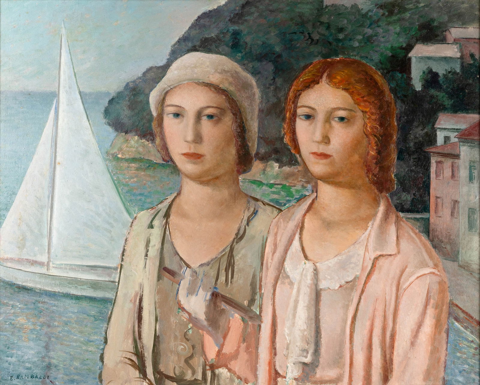 Emanuele Rambaldi 1903 Pieve di Teco (IM)-1968 Savona Donne alla marina: oil on panel. . signed lower left.