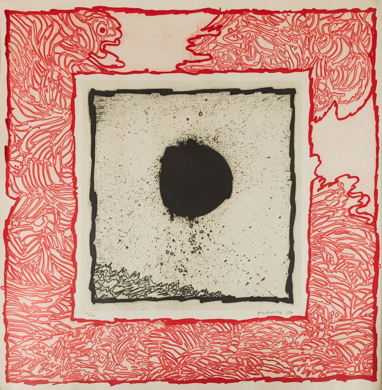 Pierre Alechinsky Nascita: 1927 Schaerbeek (BE) Soleil noir III: etching aquatint. 1984. ex. 10/60 on a print run of 60 copies + 15 artist's proofs signed and dated lower right, numbered lower left Edizioni 2RC, Rome. Private collection, Milan