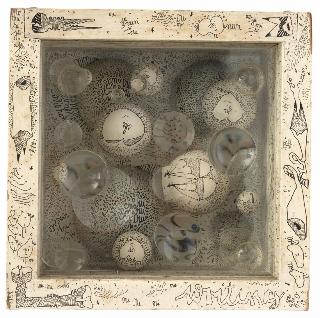 Mary Bauermeister 1934 Francoforte-2023 Bergich Gladbach (DE) Little writing: painted wood, glass, optical lenses, ink, paint. 1970. signed, dated and titled on the back. Schwarz Gallery, Milan Private collection