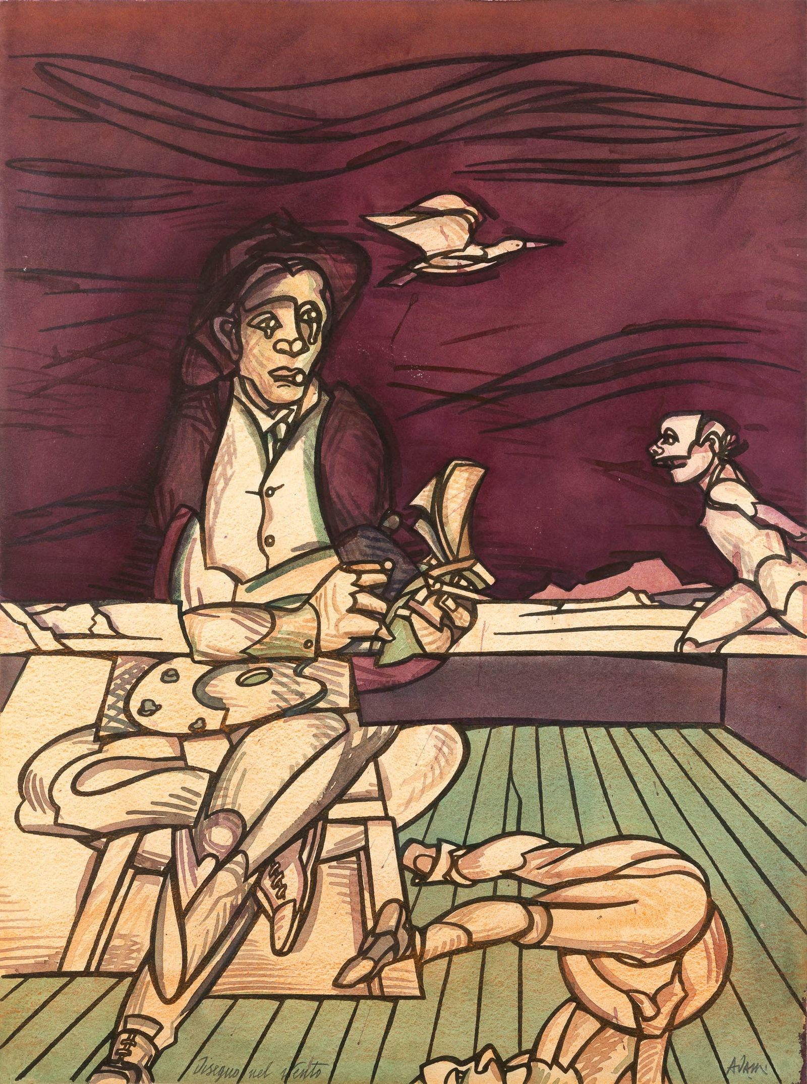 Valerio Adami Nascita: 1935 Bologna Disegno nel vento: watercolor on paper. 2000. signed lower right, titled lower left label on the back by Marlborough Gallery, Munich. Private collection