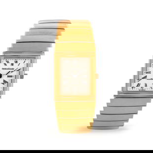 Jaeger-LeCoultre  18K yellow gold Reverso with integrated bracelet, matt white dial with Roman: Brand: Jaeger-LeCoultre Model: Reverso Year: circa 1990 Reference: 120.002.1 Dial: Matt white with Roman numerals Case No.: 1.606.388 Motion: Quartz Material: 18k yellow gold Bracelet: 18k yellow gold