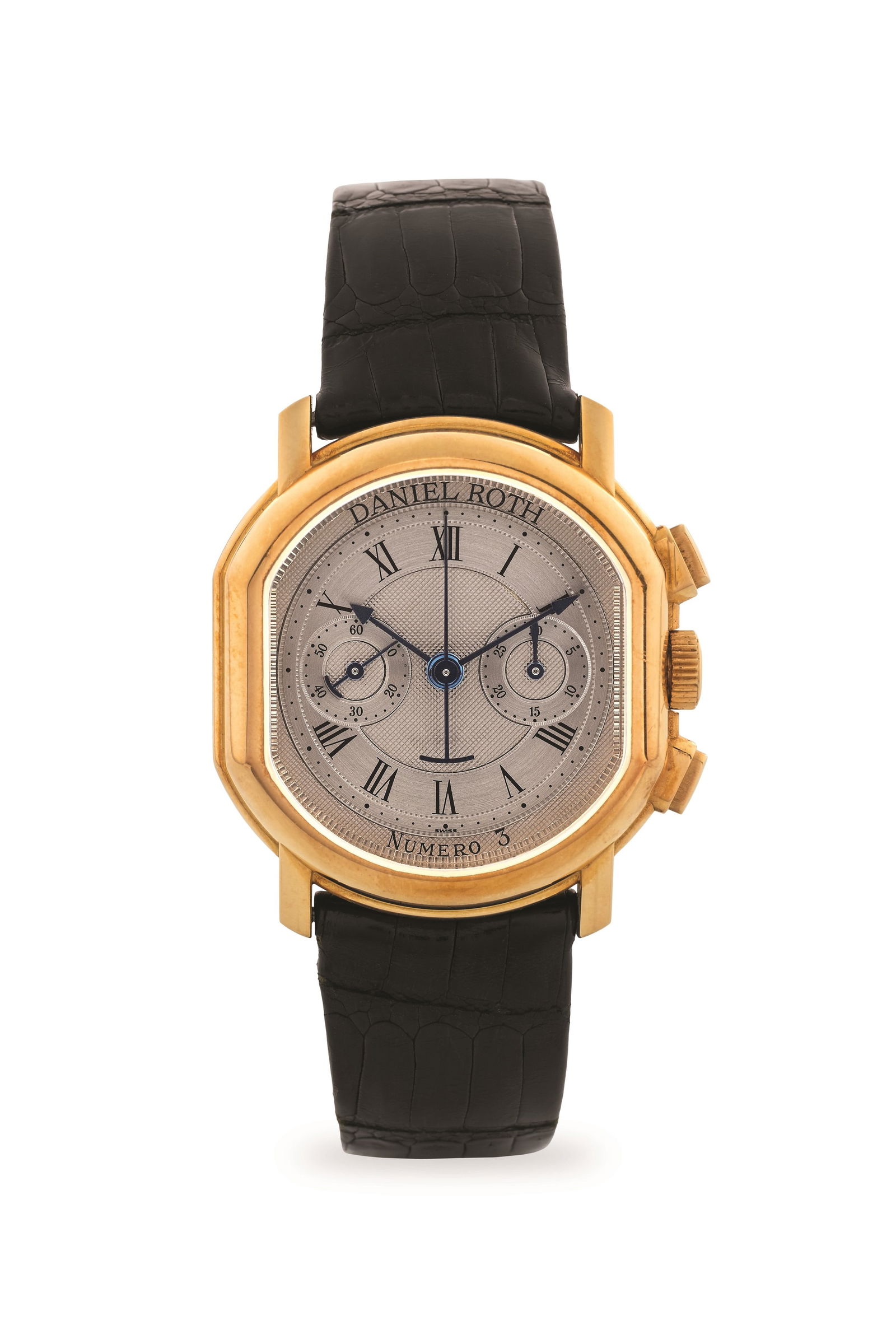 Daniel Roth Chrono ref. 2147 in 18k yellow gold, argenté dial with Clous de Paris and satin: Brand: Daniel Roth Model: Chrono Year: circa 1990 Reference: 2147 Dial: Argenté dial with Clous de Paris and satin finish Case N°: 3 Movement: Manual wind Cal: Lemania 2220 Material: Yellow gold 18k