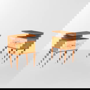 Maestranze Canturine  Due comodini: Struttura in legno impiallacciato e sostegni in legno. Ante in pergamena dipinta incisa. Maniglie in ottone. Prod. Italia, 1940 ca.