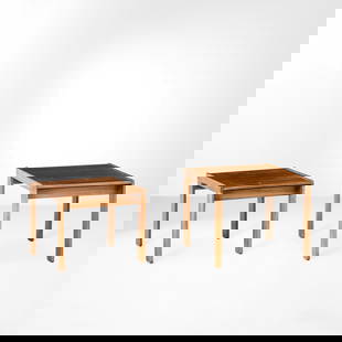 Afra e Tobia Scarpa  Due tavolini mod. 777: Struttura e piani in legno. Etichetta originale. Prod. Cassina, Italia, 1960 ca. cm 62x51x44 51x47x40