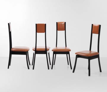 Angelo Mangiarotti  Quattro sedie mod. Programam S11: Struttura in legno con rivestimenti in skai. Prod. La Sorgente del Mobile, Italia, 1970 ca. Bibliografia G. Gramigna, Repertorio del design italiano 1950 - 1980, p.133, Mondadori, 1985.
