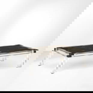 Tavolo basso: Struttura e sostegni in plexiglas con dettagli in ottone e metallo. Piano in resina a decoro di inclusioni fossili. Prod. Italia, 1970 ca.