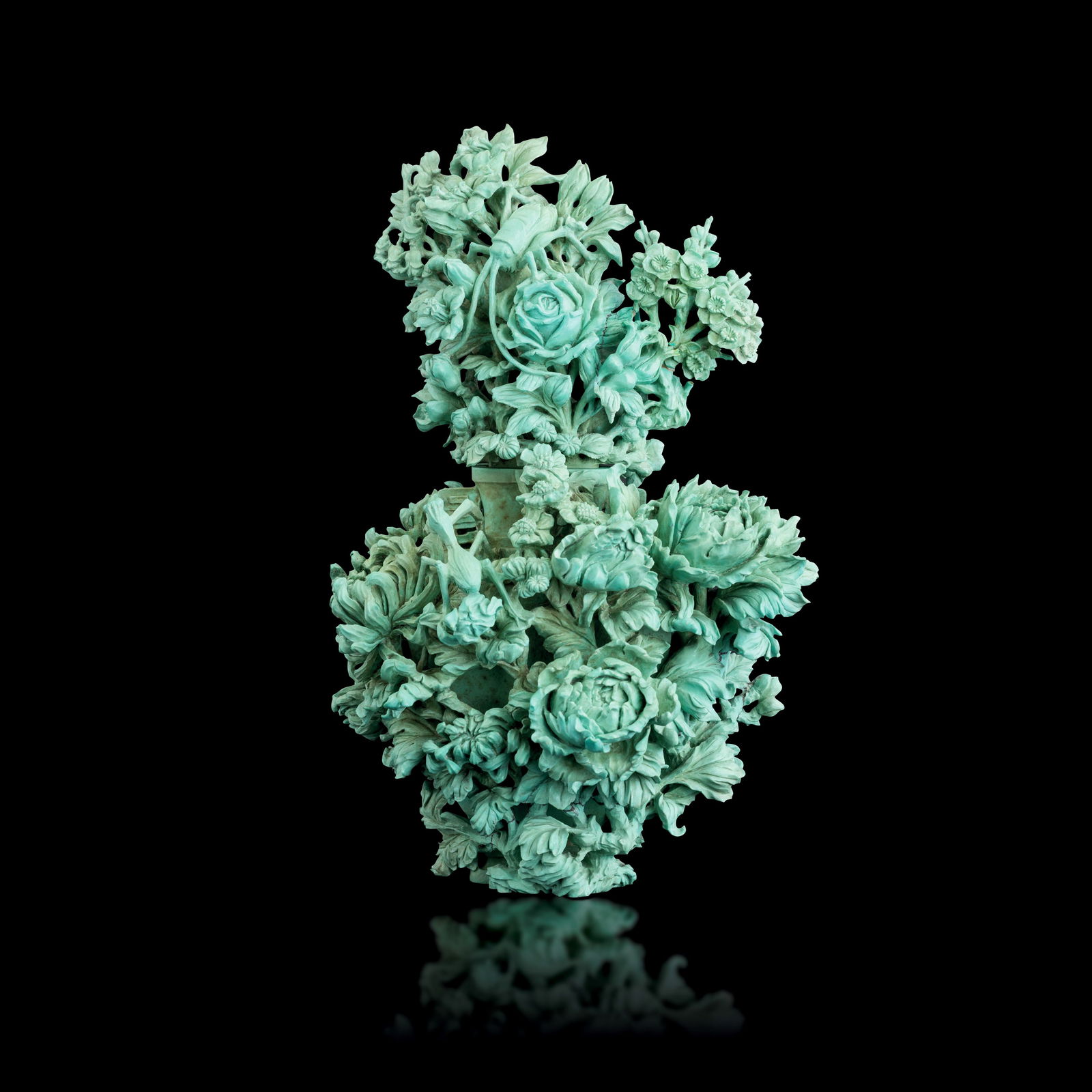 Turquoise vase carved with raised floral motifs, China, 20th century (1 of 1)