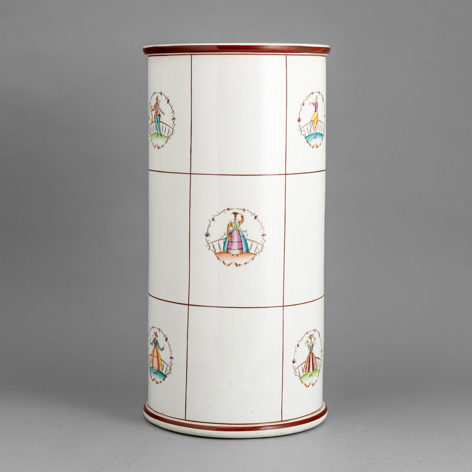 Guido Andloviz 1900-1971 G. Andloviz, S.C.I., Laveno 1930 ca: A slip-cast earthenware umbrella stand with a polychrome decor. Manufacturer's mark, altezza cm 52,5 diametro cm 26,5