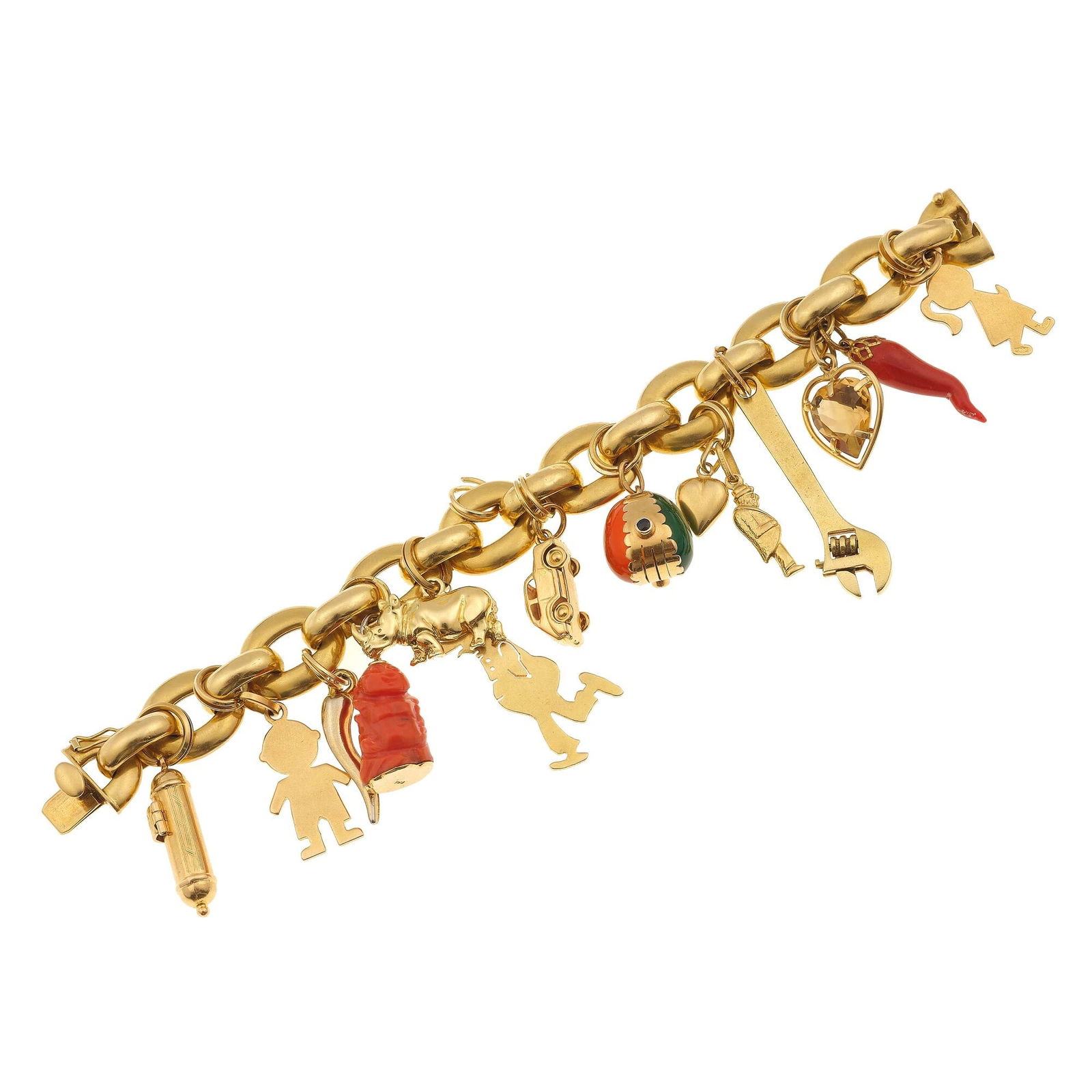Gold bracelet with charms (two horn shaped no gold): montatura e charms in oro giallo 750/1000, tranne i due cornetti