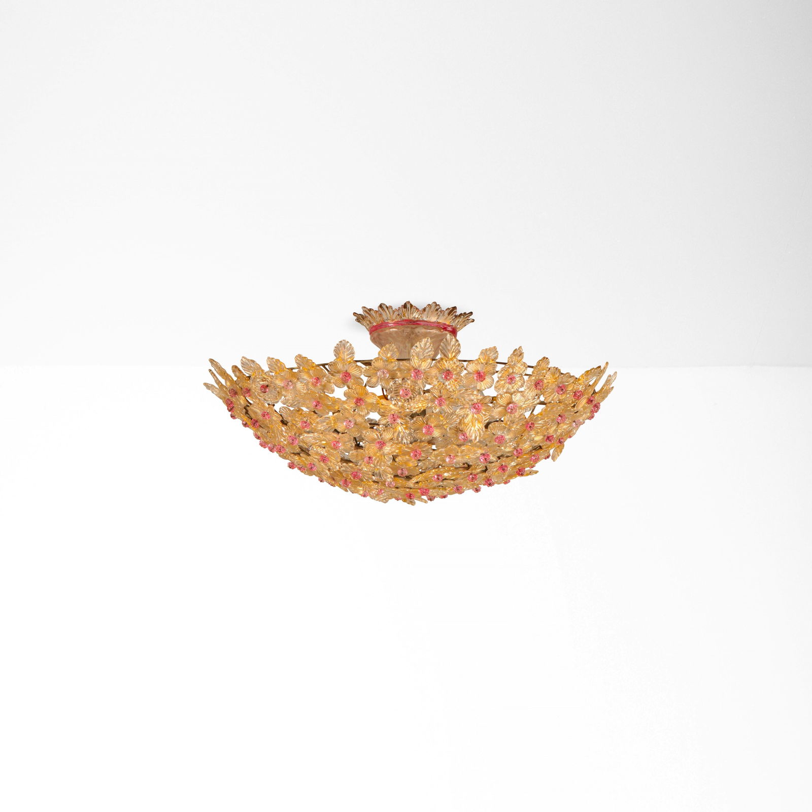 Flavio Poli Lampada a plafone: Struttura in metallo con elementi diffusori in vetro di Murano policromo decorato a foglia oro. Prod. Seguso, Italia, 1940 ca.