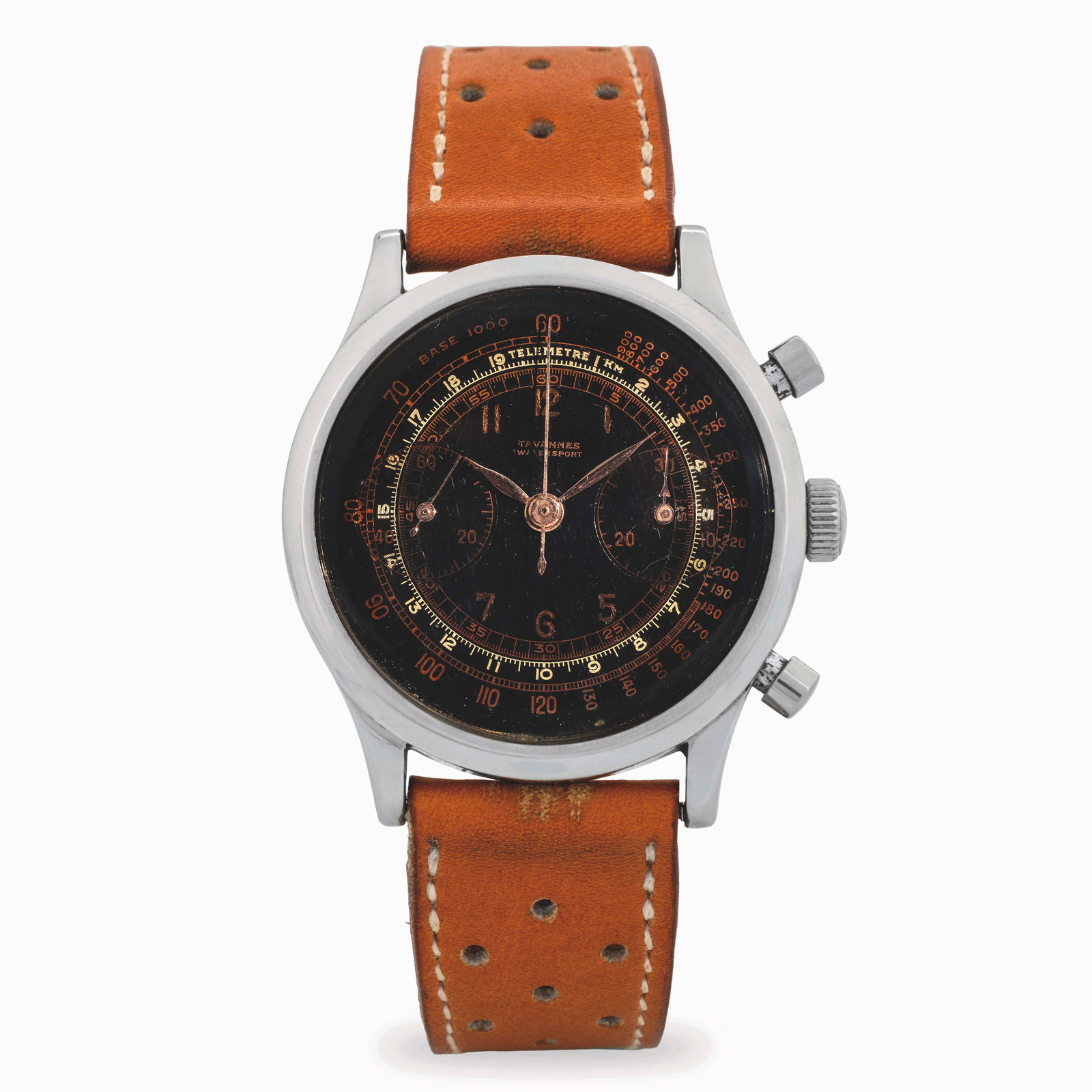 Tavannes Clamshell waterproof chronograph with pump pushers in steel, black two-tone galvanic dial, (1 of 6)