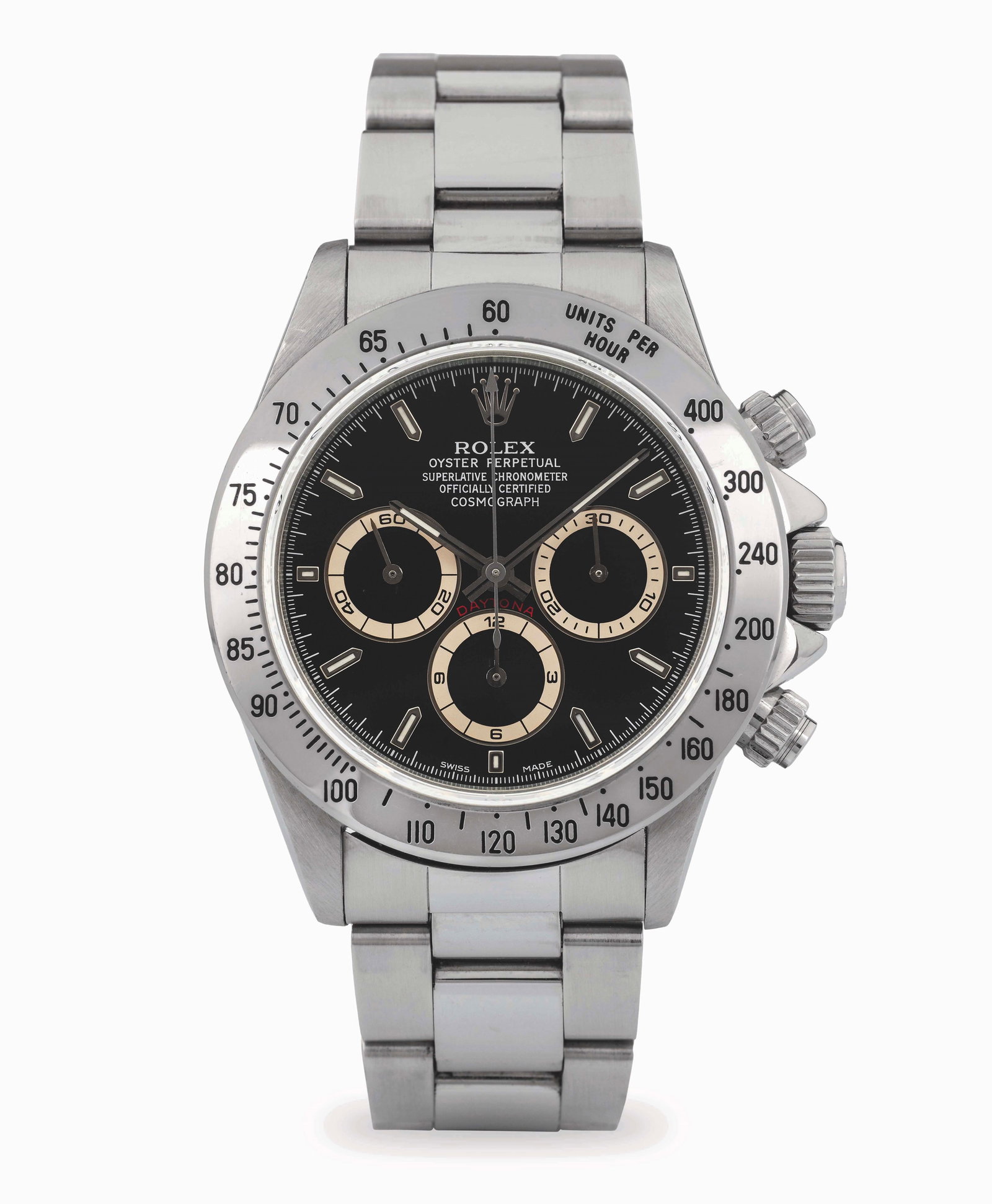 Rolex Daytona “Zenith?? Ref. 16520, black dial with aged white sub-dials and Oyster bracelet,: Brand: Rolex Model: Daytona “Zenith” Year: circa 1994 Reference: 16520 Dial: Black Case N°: S.150.XXX Movement: Automatic Cal: 4130 Movement N°: 68.XXX Material: Stainless steel Bracelet: St